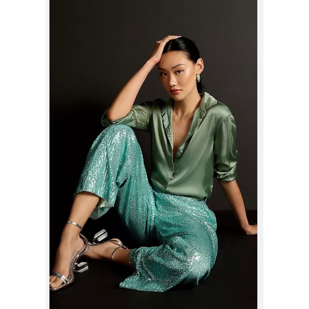 A21 NWT Anthropologie Sequin Feather Pants Teal Aqua High Rise Party Evening S